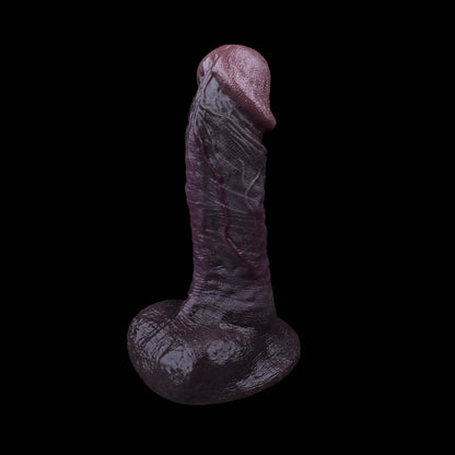BBC Dildo Violett-Braun – Übergroße Eichel mit Feinnetz-Textur, schräge Venenfurche, umgekehrte Konusform, zwei Hoden & breiter Flach-Saugnapf aus Doppelschicht-Platin-Silikon