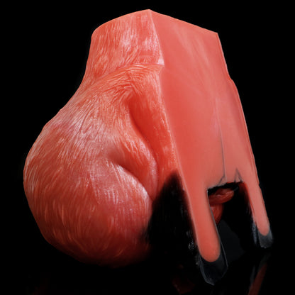 Fuchs-Po Sexpuppe mit Fellstruktur, Schwanz & Pfoten-Griff – Ziegelrot-Mattschwarz-Rosarosa, Zackennoppen-Kanal & Platin-Silikon