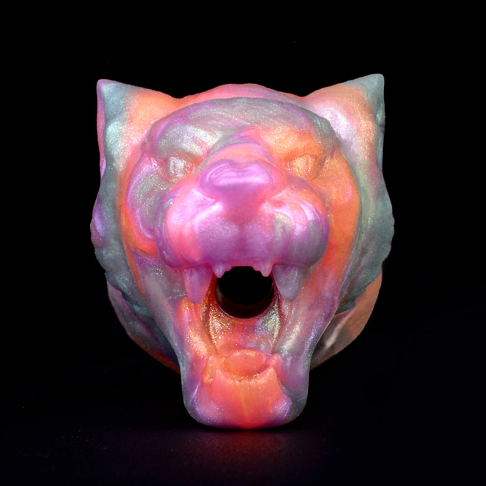 PURISM Leopardenkopf Mundknebel Silikon - Luxury Silicone Gag Brüllender Leopard Perlglanz Venezianerkette