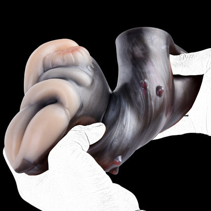 Giraffen-Vulva Pocket Pussy mit Brustwarzen, Schwanzstruktur & Vaginal-Anal-Doppelkanal – Cremewiß-Silbergrau-Mattcharcoal, Muskelstruktur & Platin-Silikon