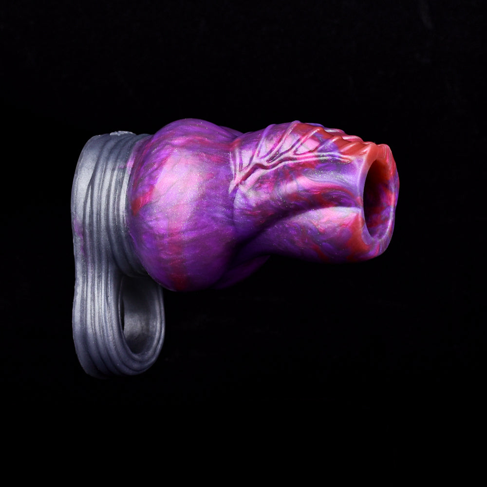 Lila Fantasy-Alien-Penisscheide-Platin-Silikon Hülle mit offener Spitze & Hoden-Gurt