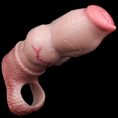 Segmented Thick-Walled Silicone Sleeve made of Liquid Silicone - Realistic Penis Sleeve with Double Bulge and Textured Channel