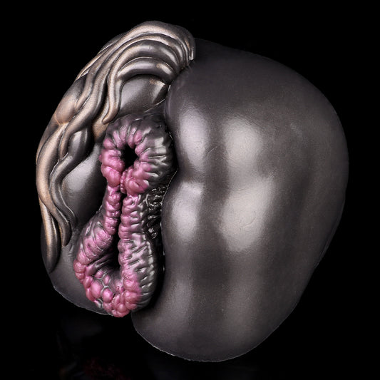Pferde Horse Pussy – Dunkelbraun, Kupferbronze-Mähne, Rosa-Lila Kugel-Noppen-Vulva & Doppelkanal (Vaginal + Anal) aus Platin-Silikon |