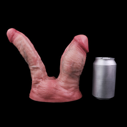 Double Dildo in Helles Hautrosa – Kurz-Dick & Schlank-Lang, Kräftige Venenstruktur & Saugnapf aus Doppelschicht-Platin-Silikon