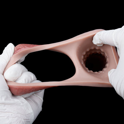 Segmented Thick-Walled Silicone Sleeve made of Liquid Silicone - Realistic Penis Sleeve with Double Bulge and Textured Channel