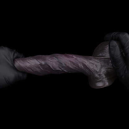 BBC Dildo Purple-Black – Mushroom-head glans, wide corona, massive dual balls, parallel main veins & curvy shaft made of dual-layer platinum silicone