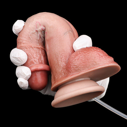 Orange-Gerade Squirting Dildo – Warmes Orange, Verschlungene Blutgefäße, Vorhautdesign, Zweiteiliger Hodensack & Schwarzer Konvex-Saugnapf mit 3-Wege-Spritzsystem aus Platin-Silikon