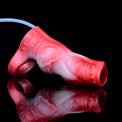 Fantasy Penis Sleeve with Ejaculation Function – Red and White Premium Silicone Penis Cover with Testicle Ring for Role Play & Couples