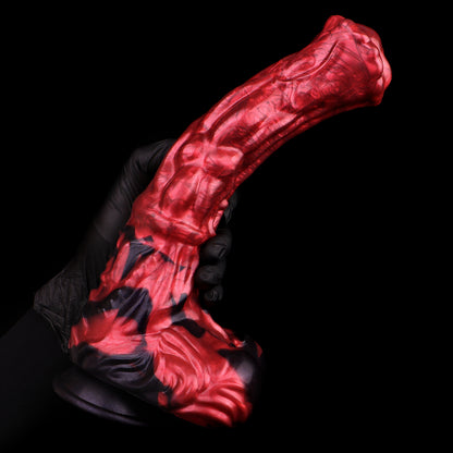 Wild Horse Dildo Fantasy - C-Kurve Flacher Kopf | Kugelknoten Krallenbasis Rot-Schwarz Platin