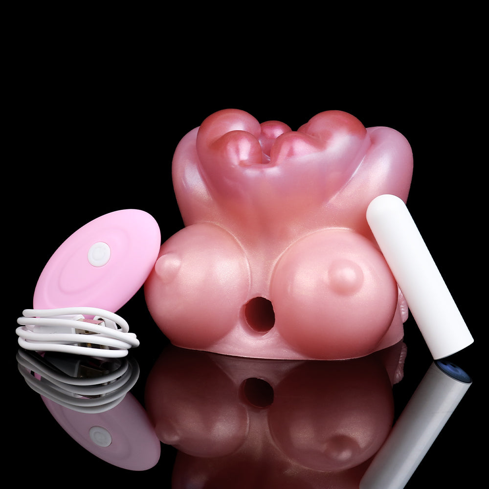 Kuh Mini Pocket Pussy in Hautfarben-Rosa mit Herzform-Eingang, Zwei Mini-Brüsten & Vibration – Perlschimmer, Realistisch & Platin-Silikon