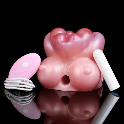 Kuh Mini Pocket Pussy in Hautfarben-Rosa mit Herzform-Eingang, Zwei Mini-Brüsten & Vibration – Perlschimmer, Realistisch & Platin-Silikon
