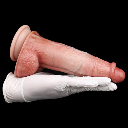 Orange-Gerade Squirting Dildo – Warmes Orange, Verschlungene Blutgefäße, Vorhautdesign, Zweiteiliger Hodensack & Schwarzer Konvex-Saugnapf mit 3-Wege-Spritzsystem aus Platin-Silikon