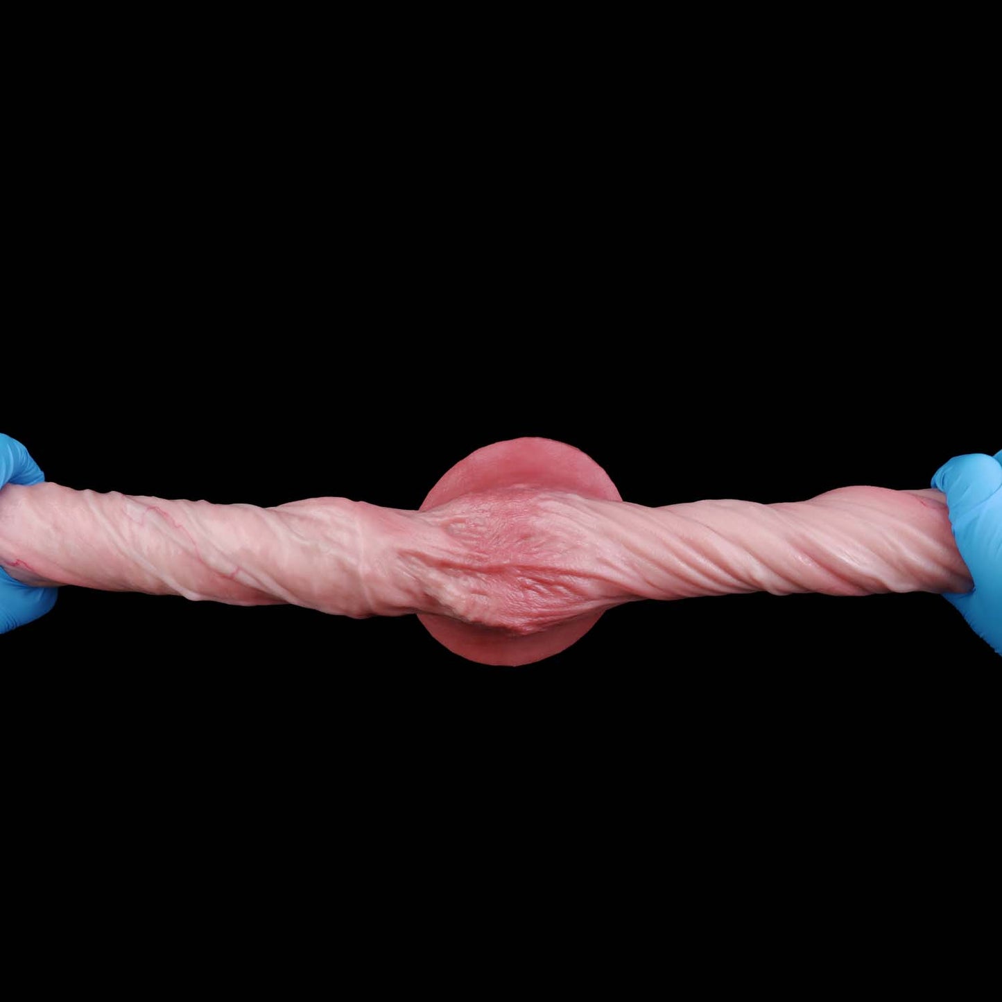 Double Dildo in Rosenrosa-Marmor mit Zwei Enden, Venenstruktur & Saugnapf – Ein dickes & ein dünnes Ende, Hautfalten & Platin-Silikon