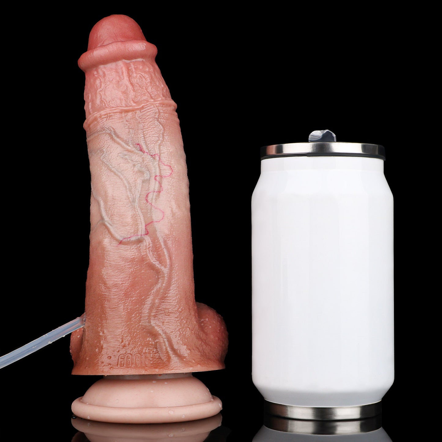 Orange-Gerade Squirting Dildo – Warmes Orange, Verschlungene Blutgefäße, Vorhautdesign, Zweiteiliger Hodensack & Schwarzer Konvex-Saugnapf mit 3-Wege-Spritzsystem aus Platin-Silikon