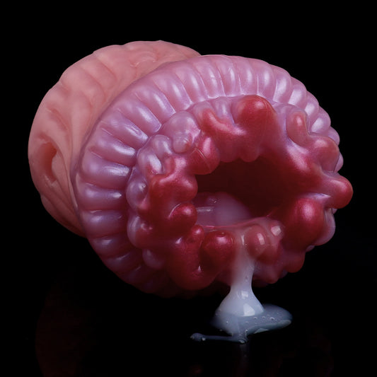 Schuppentier Mini Pocket Pussy in Rosenrosa-Hellviolett mit Korallen-Eingang, Spiralstruktur & Vibration – Perlschimmer, Fernbedienung & Platin-Silikon