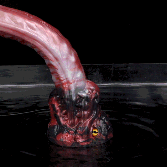 Rotes Drachenauge Long Dildo – Karmesinrot & Weiße Tintenströmungen, Drachenkopf-Sockel mit Goldauge & Drachenschuppen aus Platin-Silikon