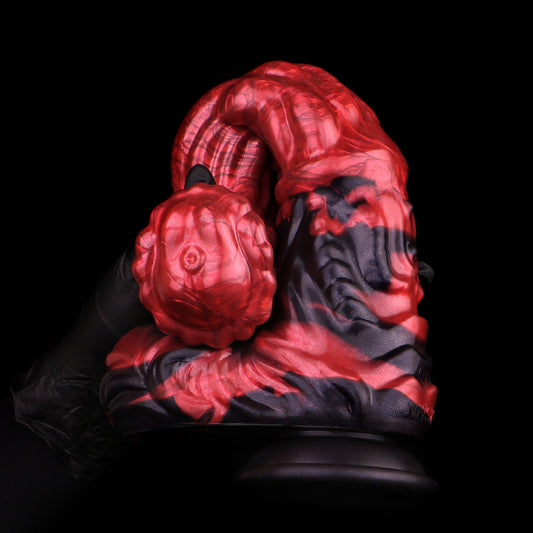Wild Horse Dildo Fantasy - C-Kurve Flacher Kopf | Kugelknoten Krallenbasis Rot-Schwarz Platin