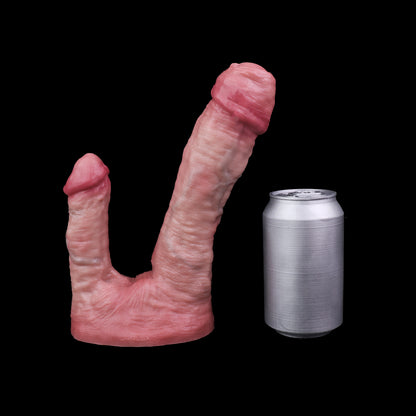 Double Dildo in Mittlerem Hautrosa – Kurz-Groß & Kurz-Klein, Spiralfalten, Penisring & Saugnapf aus Doppelschicht-Platin-Silikon