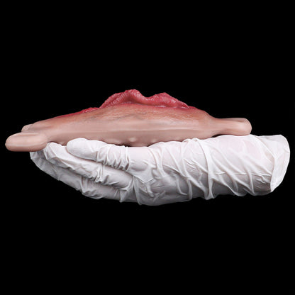 Vagina-Prothese mit Mund-Zungen-Noppe & Vibration – Realistische Vulva, Fernbedienung & Platin-Silikon für Frauen & Paare