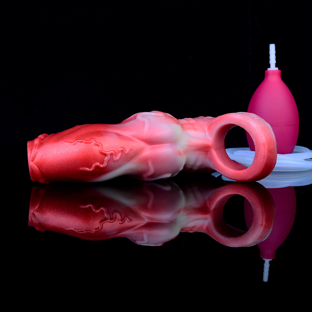Fantasy Penis Sleeve with Ejaculation Function – Red and White Premium Silicone Penis Cover with Testicle Ring for Role Play & Couples