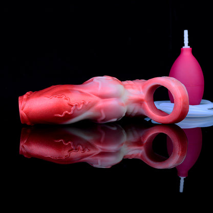 Fantasy Penis Sleeve with Ejaculation Function – Red and White Premium Silicone Penis Cover with Testicle Ring for Role Play & Couples