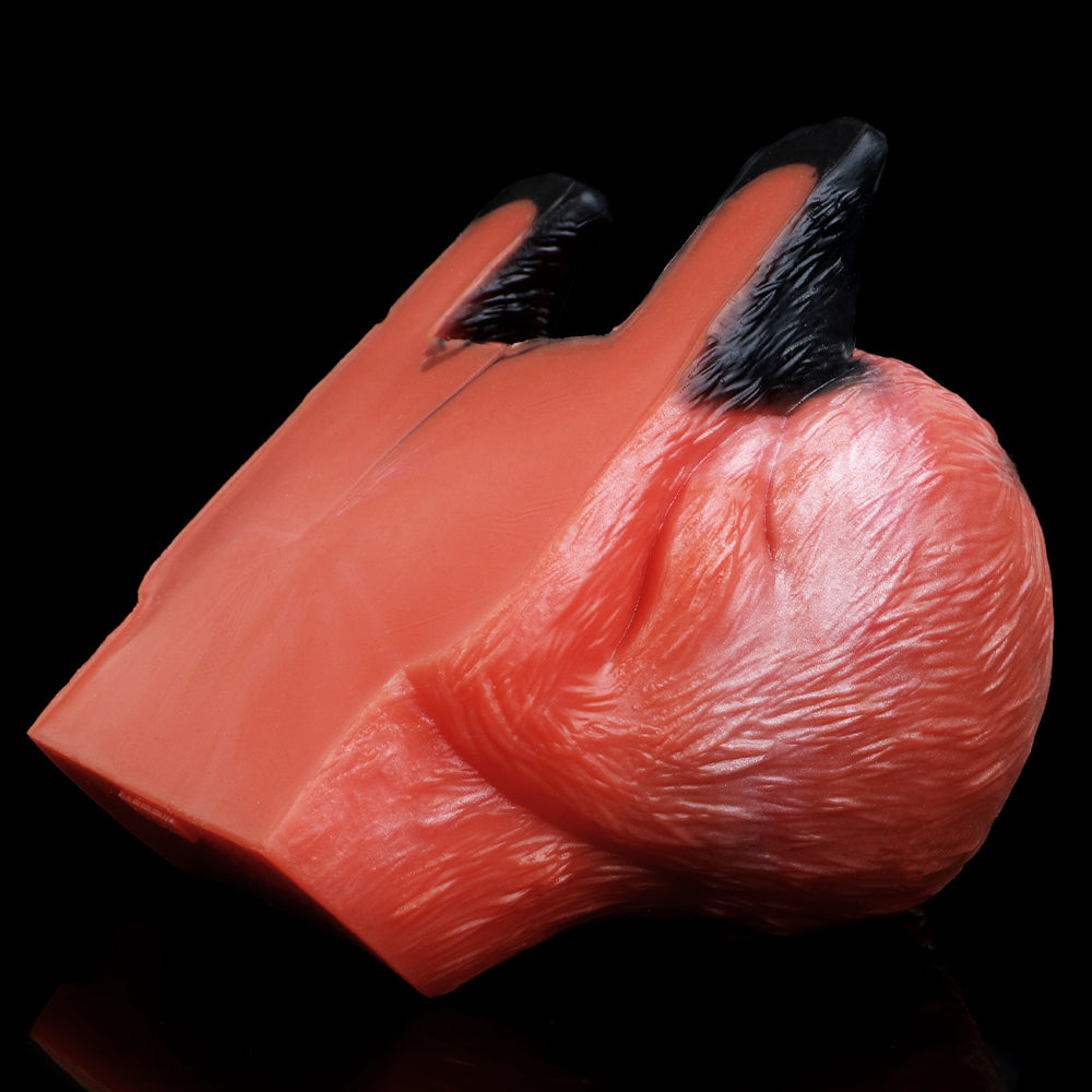Fuchs-Po Sexpuppe mit Fellstruktur, Schwanz & Pfoten-Griff – Ziegelrot-Mattschwarz-Rosarosa, Zackennoppen-Kanal & Platin-Silikon