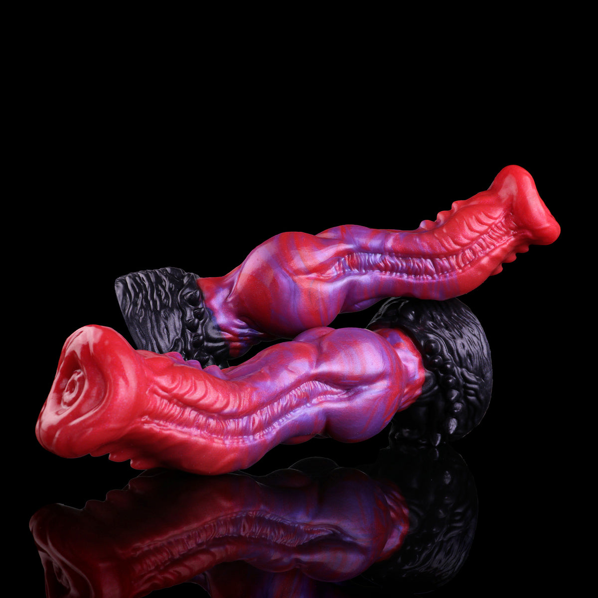 Bestienrachen Dog Dildo – Trichter-Rosetten-Glans, Bilaterale Dreiecksstachel-Reihen, Doppel-S-Kurven-Schaft, Kugelexpansionszone & Schwarzer Orgänisch-Zahn-Saugnapf-Sockel aus Platin-Silikon