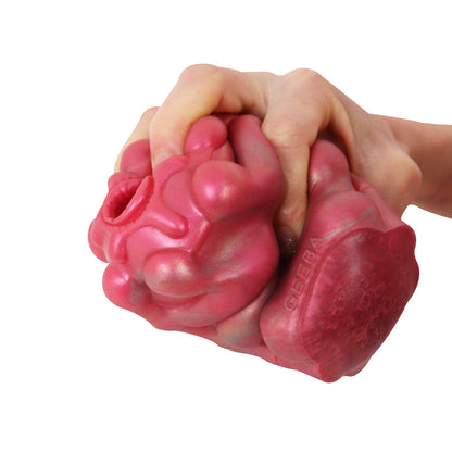 Knochengerüst Pocket Pussy in Rosenrosa mit Knochengelenk-Oberfläche, Rippenstruktur & Einzelkanal – Rosenrosa-Perlgold, Sphinkter-Eingang & Platin-Silikon