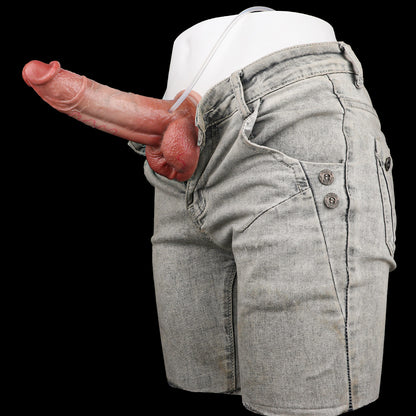 Orange-Gerade Squirting Dildo – Warmes Orange, Verschlungene Blutgefäße, Vorhautdesign, Zweiteiliger Hodensack & Schwarzer Konvex-Saugnapf mit 3-Wege-Spritzsystem aus Platin-Silikon