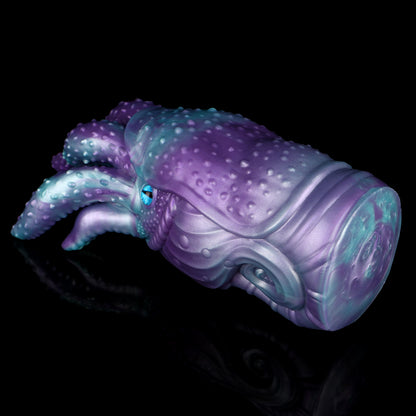 Tiefsee-Nautilus Sexpuppe mit Eisblauen Schlitzaugen, Tentakeln & Zahneingang – Tiefviolett-Eisblau, Zacken-Kugelnoppen-Kanal & Platin-Silikon