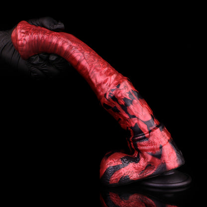 Scrotum Base Dragon Dildo XL - Hängende Hoden | Realistische Bälle Krallenbasis Rot-Schwarz Platin