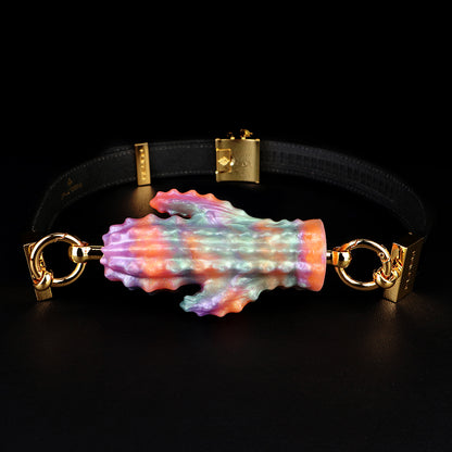 PURISM Cactus Mouth Gag Silicone - Luxury Gag Desert Botanical Blunt Silicone Spikes Pearlescent Orange Leather Strap