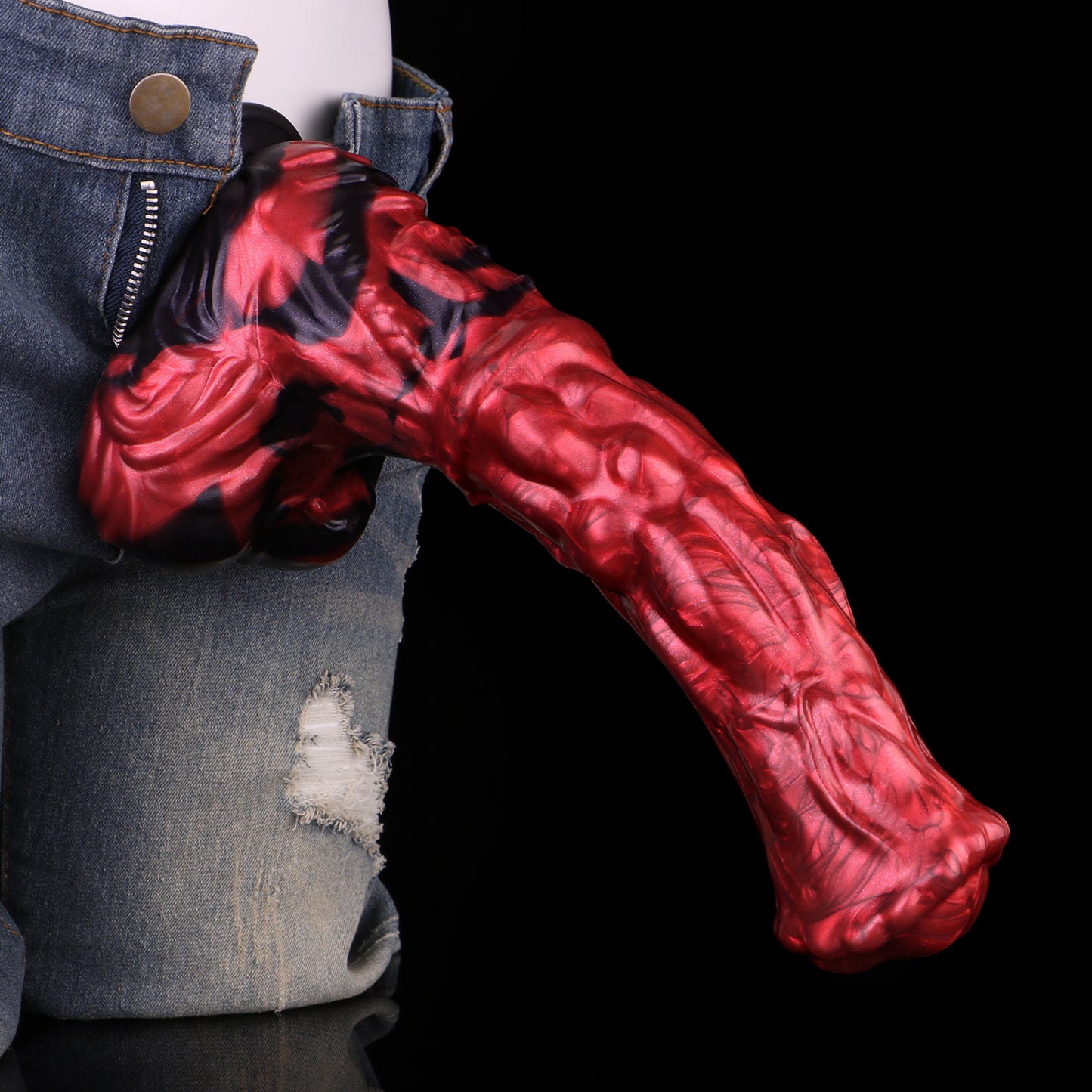 Wild Horse Dildo Fantasy - C-Kurve Flacher Kopf | Kugelknoten Krallenbasis Rot-Schwarz Platin