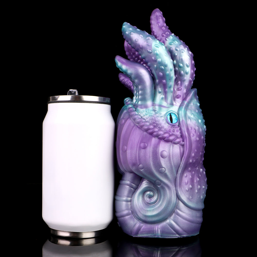 Tiefsee-Nautilus Sexpuppe mit Eisblauen Schlitzaugen, Tentakeln & Zahneingang – Tiefviolett-Eisblau, Zacken-Kugelnoppen-Kanal & Platin-Silikon