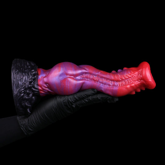 Bestienrachen Dog Dildo – Trichter-Rosetten-Glans, Bilaterale Dreiecksstachel-Reihen, Doppel-S-Kurven-Schaft, Kugelexpansionszone & Schwarzer Orgänisch-Zahn-Saugnapf-Sockel aus Platin-Silikon