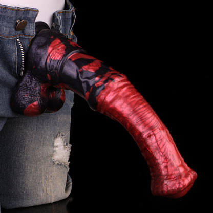 Scrotum Base Dragon Dildo XL - Hängende Hoden | Realistische Bälle Krallenbasis Rot-Schwarz Platin