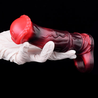 Red-Black Squirt Vibro Creature Dong Silicone Sleeve Remote Control Marbling Double Ball-Socket