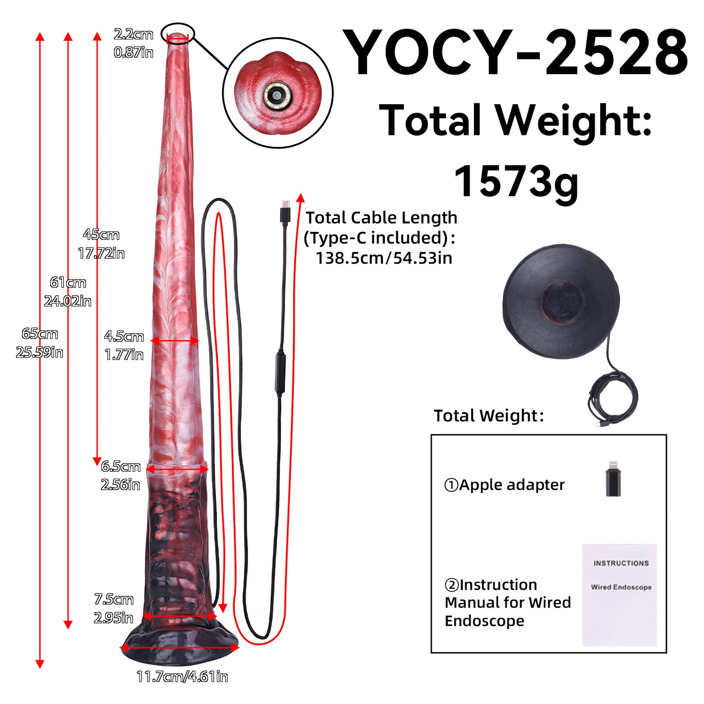 Tiefsee Long Dildo mit HD-Kamera & LED – Tiefrot & Schwarze Aderstruktur, Saugnapf & Flexibles Platin-Silikon