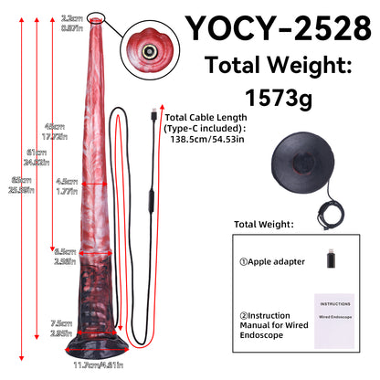 Tiefsee Long Dildo mit HD-Kamera & LED – Tiefrot & Schwarze Aderstruktur, Saugnapf & Flexibles Platin-Silikon