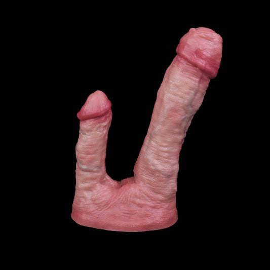 Double Dildo in Mittlerem Hautrosa – Kurz-Groß & Kurz-Klein, Spiralfalten, Penisring & Saugnapf aus Doppelschicht-Platin-Silikon