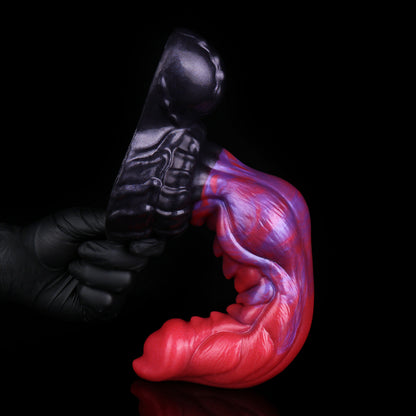 Feuerfusion Dog Dildo – Rot-Lila Fließende Farbfusion, Einseitige Widerhaken-Kolonne & Schwarzgrauer Hoden-Saugnapf aus Platin-Silikon