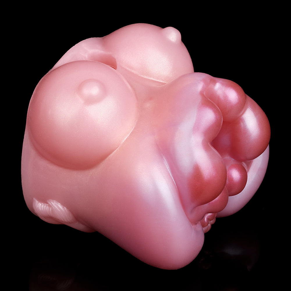 Kuh Mini Pocket Pussy in Hautfarben-Rosa mit Herzform-Eingang, Zwei Mini-Brüsten & Vibration – Perlschimmer, Realistisch & Platin-Silikon