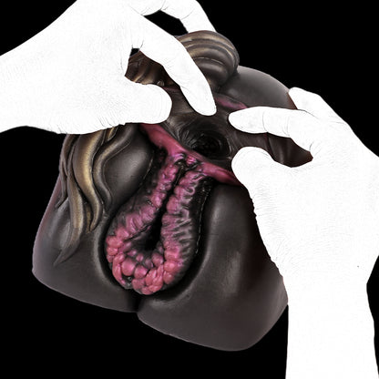 Pferde Horse Pussy – Dark Brown, Copper Bronze Mane, Pink-Purple Ball Nipple Vulva & Dual Canal (Vaginal + Anal) made of Platinum Silicone |