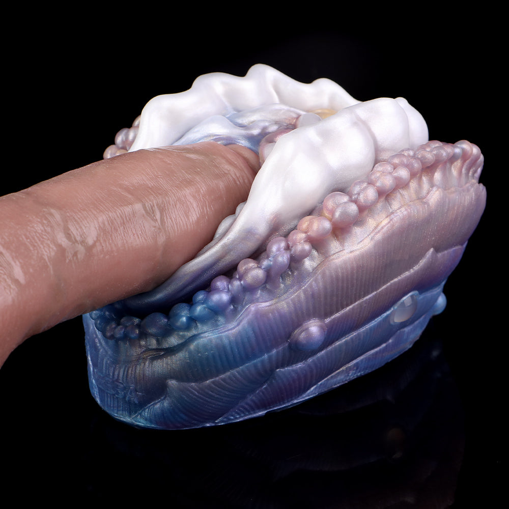 Abalone Pocket Pussy mit Perlenring & Wellenlippen – Kobaltblau-Rosarosa-Lavendel, Goldschimmer & Platin-Silikon
