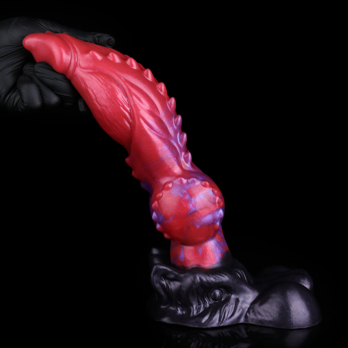 Rot-Lila Dog Dildo – Knöchel-Widerhaken, Knotted-Kugel, Schwarzgrauer Hundekopf-Sockel & Doppelball-Saugnapf aus Platin-Silikon