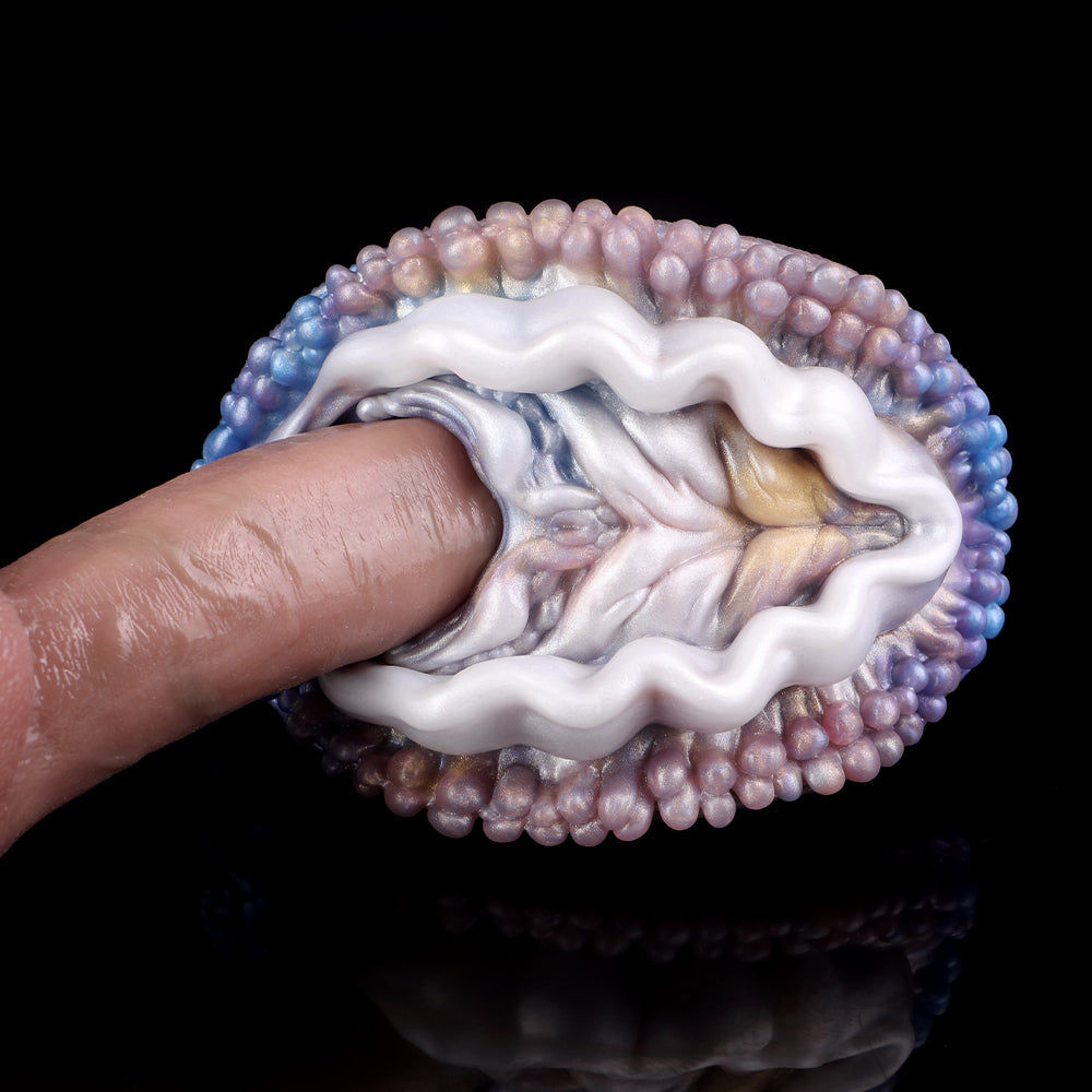 Abalone Pocket Pussy mit Perlenring & Wellenlippen – Kobaltblau-Rosarosa-Lavendel, Goldschimmer & Platin-Silikon