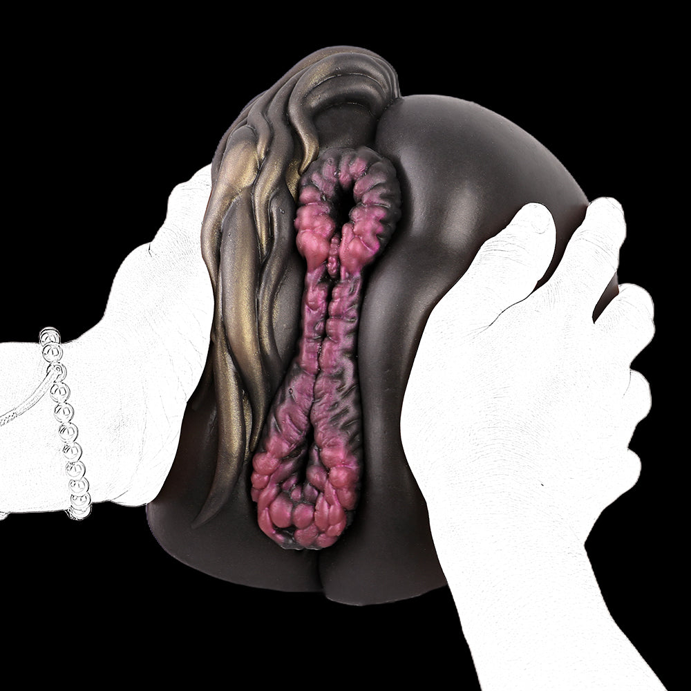 Pferde Horse Pussy – Dark Brown, Copper Bronze Mane, Pink-Purple Ball Nipple Vulva & Dual Canal (Vaginal + Anal) made of Platinum Silicone |