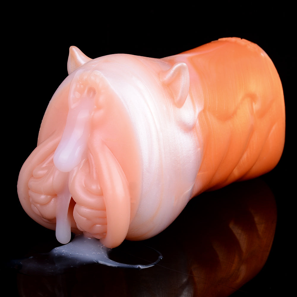 Fuchs-Vulva Pocket Pussy im Corgi-Orange mit Basis-Ohren, Rautenalöffnung & Vaginal-Anal-Doppelkanal – Pfirsich-Corgi-Orange, Wellennoppen-Kanal & Platin-Silikon