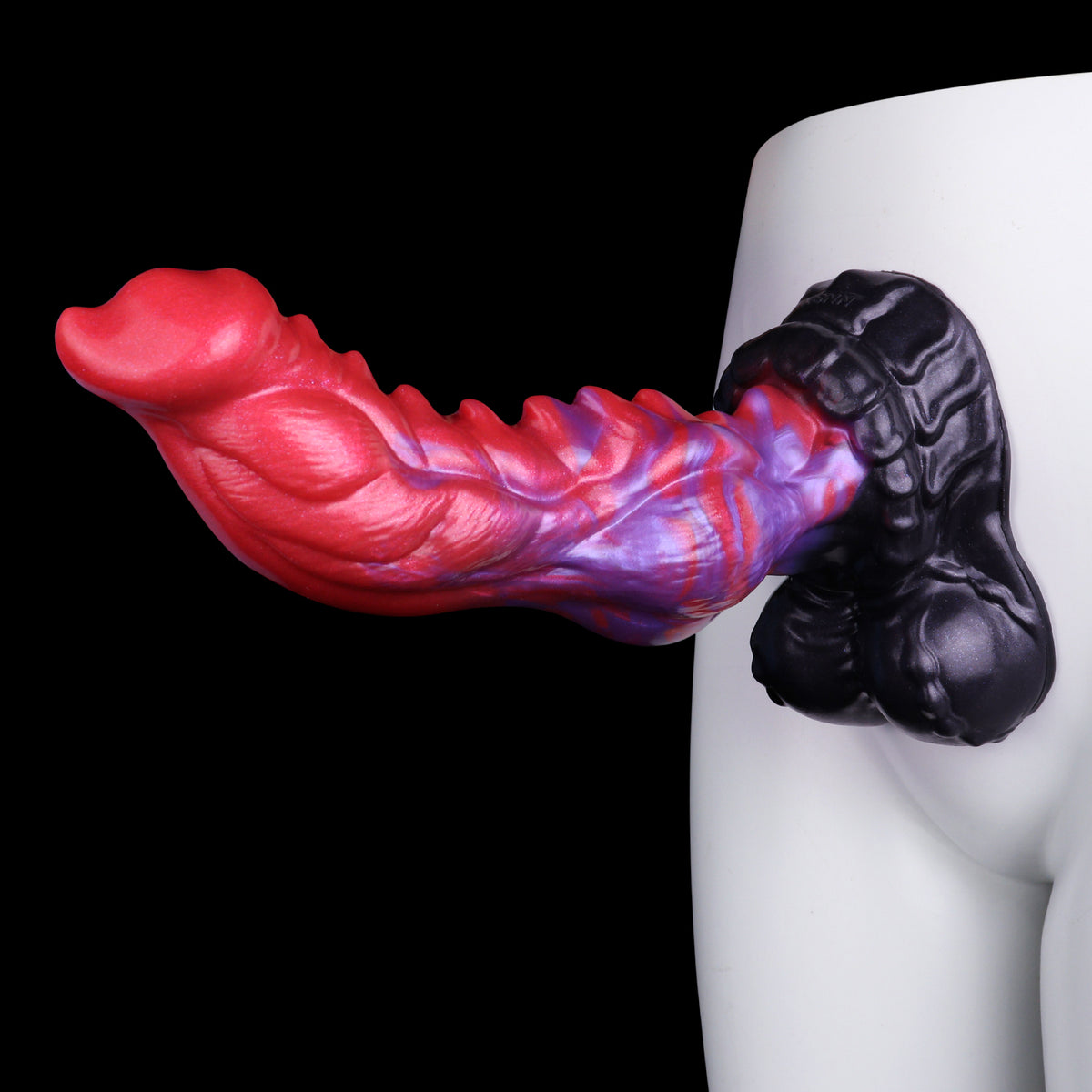 Feuerfusion Dog Dildo – Rot-Lila Fließende Farbfusion, Einseitige Widerhaken-Kolonne & Schwarzgrauer Hoden-Saugnapf aus Platin-Silikon