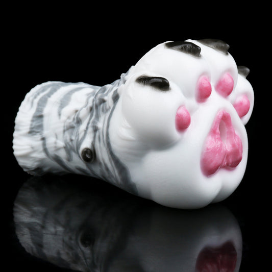 Wolfspfoten-Masturbator Pocket Pussy – Rosenrosa Ballen, Schwarze Krallen, Weiß-Grau Wirbelmarmorierung & Einzelkanal aus Platin-Silikon